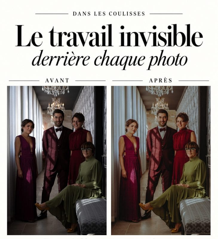 Montage « Le travail invisible derrière chaque photo » montrant Geoffrey entouré de trois proches avant et après retouche, lors de son mariage à Nuits-Saint-Georges.