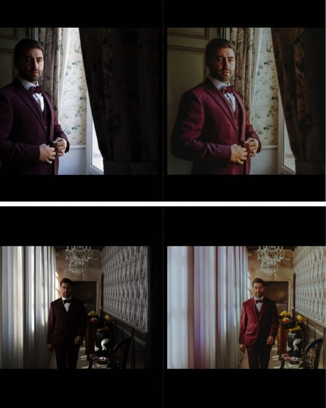 Deux portraits de Geoffrey en costume bordeaux au château de la Berchère, présentés avant et après le travail de lumière et de couleurs.