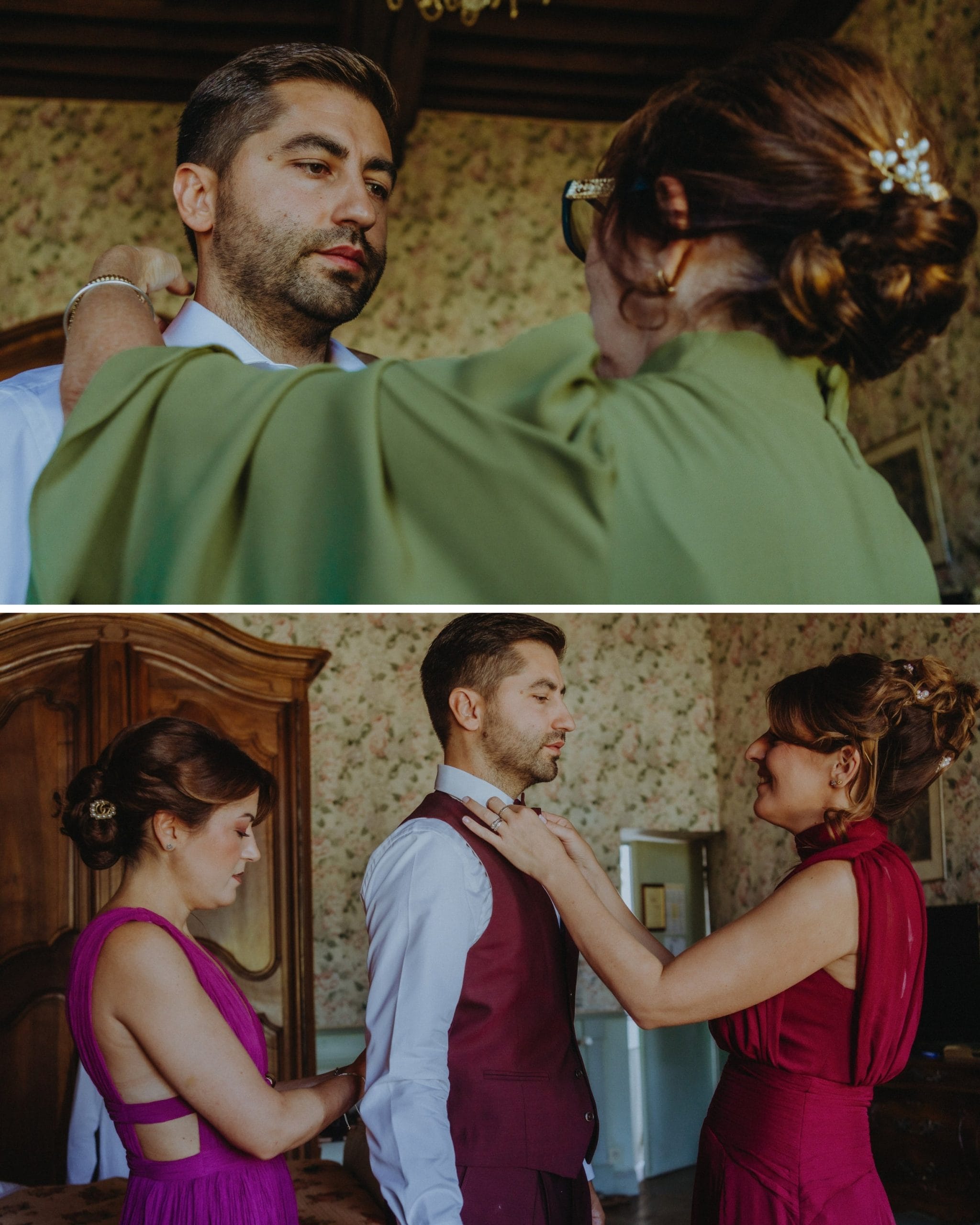 Deux photos des préparatifs de Geoffrey : une proche ajuste son col, puis deux proches l’aident à arranger sa tenue au château de la Berchère.